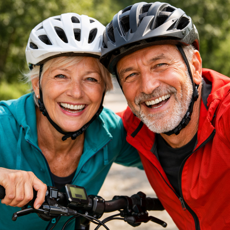 Älteres Paar genießt Fahrt auf E-Bikes