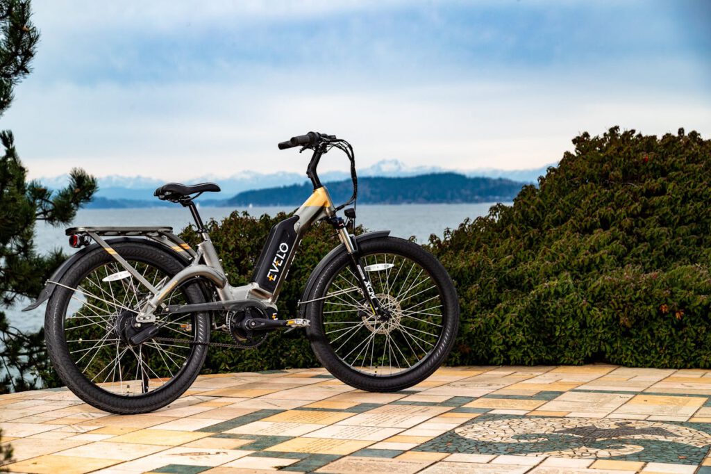 Electric bike from Evelo parked with scenic Seattle waterfront view in the background.